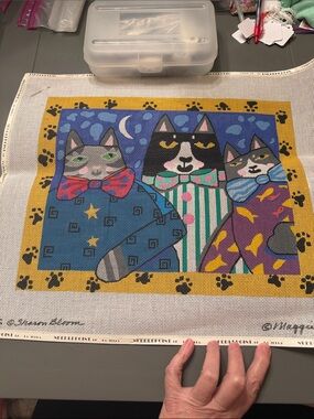 hand-painted needlepoint canvas titled "Cats in Bowties"  by Sharon Bloom.🐈‍⬛